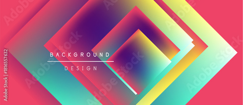 Vibrant abstract design features layered diamonds. Colors blend from pinks, purples, blues, yellows creating dynamic visual effect. Text reads background design.