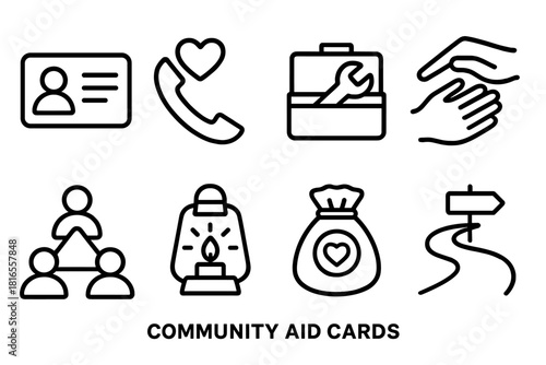 Community Support Icons. Community Aid Set linear icon set: info card, help hotline symbol, shared toolkit, comfort gesture, group link, steady light, resource pouch, supportive