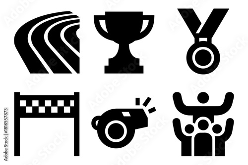 Brutalist Sports Icons. Sports Competition silhouette icon set. running track, trophy cup, medal, finish line, whistle, cheering crowd.