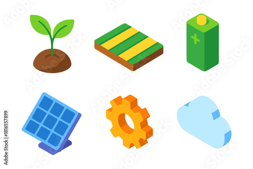 Eco Icons Collection. Sustainable Growth flat icons set. seedling, field, battery, solar panel, gear, cloud