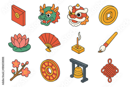 Vibrant Cultural Icons. Cultural Symbols flat icons set. red envelope, dragon mask, lion costume, fortune coin, lotus flower, paper fan, incense stick, calligraphy brush, peach