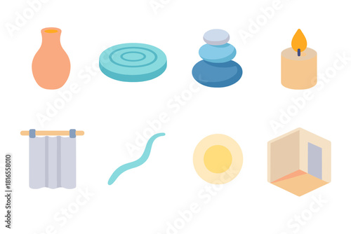 Minimalist Tranquil Icons. Tranquil Design Elements flat icons set. minimalist vase, calm water, pebble stack, candle flame, linen curtain, flowing line, soft light, open room