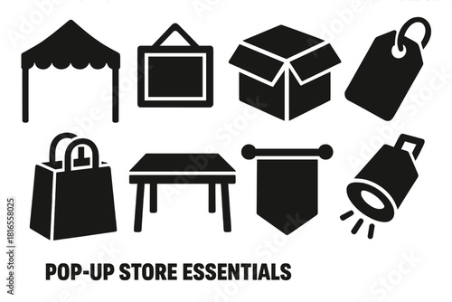 Brutalist Store Icons. Pop-up Store Essentials silhouette icon set: tent, signboard, box, tag, bag, table, banner, light
