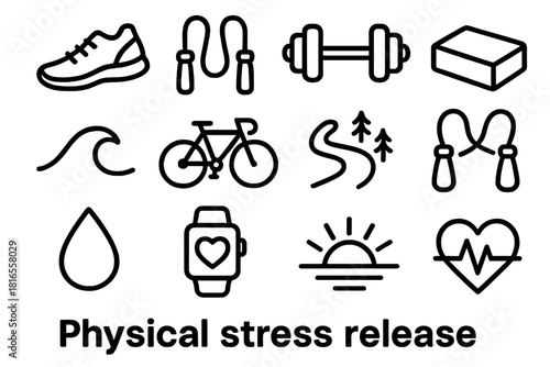 Fitness Icons Assortment. Physical Stress Release linear icon set. running shoes, jump rope, dumbbell, yoga block, swimming wave, bicycle, walking trail, stretching band, sweat