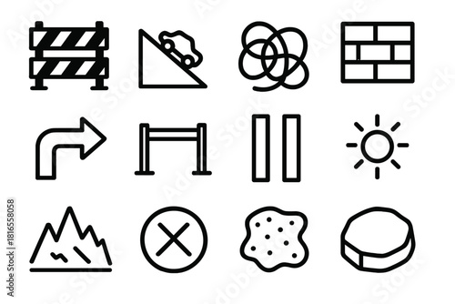 Obstacle Icon Set. Obstacle Elements linear icon set: barrier block, steep slope marker, tangled path line, resistance wall tile, detour arrow, hurdle bar, tight passage icon