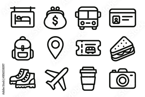 Travel Essentials Icons. Low-Cost Travel linear icon set: hostel sign, coin purse, bus, travel card, backpack, map pin, train ticket, sandwich, hiking shoes, plane, reusable cup