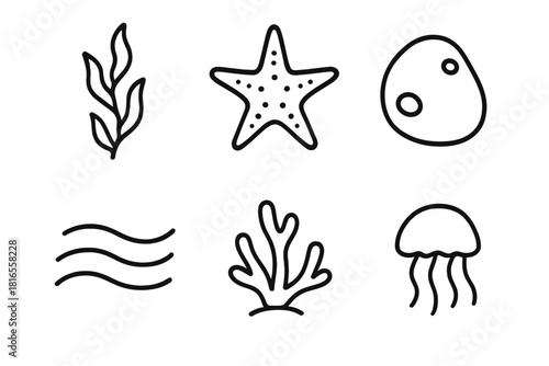 Underwater Icons. Underwater linear icon set: kelp strand, starfish, tidal pebble, flowing current line, reef sprig, tiny jelly drift