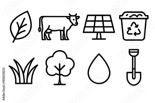Eco-Friendly Farm Icons. Sustainable Pasture linear icon set: leaf, cow, solar panel, compost bin, grass, tree, droplet, shovel