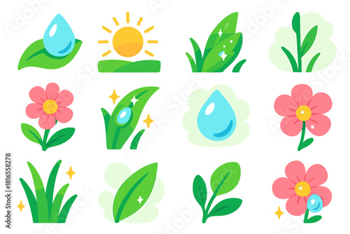Minimalist Dewy Nature Icons. Dewy Nature flat icon set: droplet on leaf, sunlight rays, green grass, fresh bloom, water bead, soft haze, early mist, flower stem, garden leaf