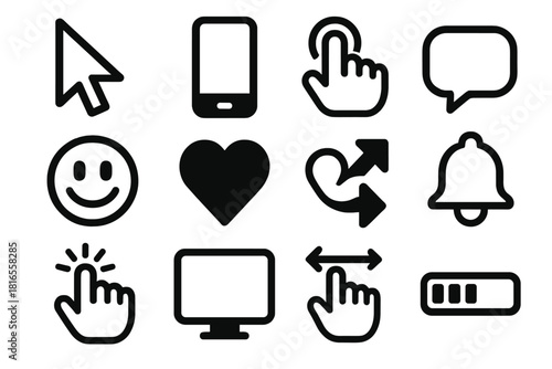 Bold Digital Icons. Digital Interactivity silhouette icon set. cursor, smartphone, tap hand, chat bubble, emoji face, heart icon, share arrow, notification bell, button click