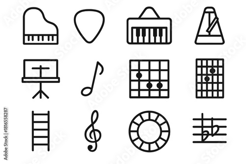 Musical Instrument Icon Set. Music Composition Tools linear icon set. grand piano, guitar pick, MIDI keyboard, metronome, sheet music stand, tempo mark, rhythm grid, chord chart