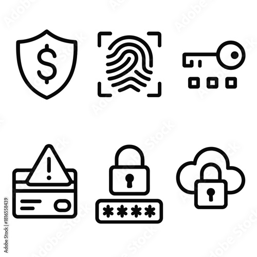 Icons of Financial Security. Financial Security linear icon set: shield with dollar, fingerprint scan, encryption key, fraud alert, password padlock, secure cloud