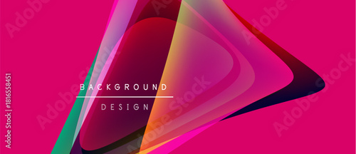 Abstract geometric shapes overlap, creating vibrant color gradients. Pink background emphasizes dynamic design elements. Modern, stylish composition.