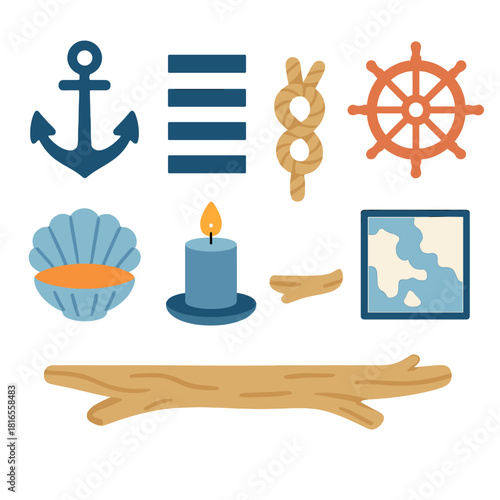 Modern Nautical Icons. Nautical Home Style flat icon set: anchor symbol, navy stripes, rope knot, ship wheel, seashell bowl, blue candle, driftwood shelf, ocean map