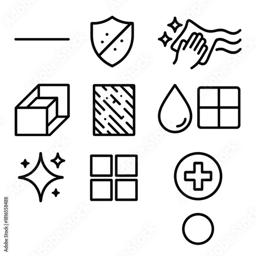 Clean Icon Collection. Tidy & Fresh Elements linear icon set: clear surface line, dust-free badge, wipe stroke icon, fresh flow wave, organized nook marker, clean texture panel