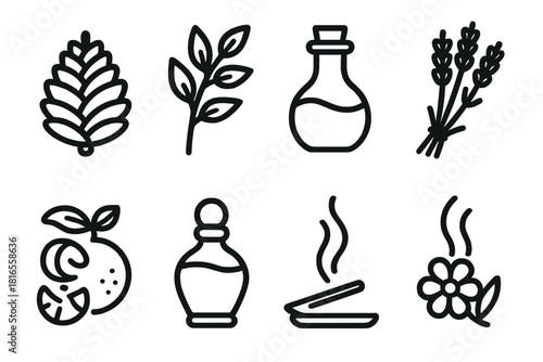 Earthy Fragrance Icons. Earthy Fragrance Icons linear icon set: pinecone, eucalyptus branch, oil flask, lavender bunch, citrus zest, perfume vial, incense smoke, floral aroma
