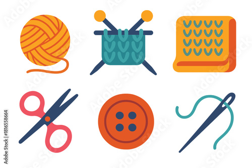 Colorful Knitting Tools Icons. Knitted Blanket set flat icons set. Yarn, Knitting Needles, Blanket, Scissors, Button, Needle.