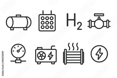 Hydrogen Energy Iconography. Hydrogen Storage linear icon set. hydrogen tank, fuel cell, chemical symbol, gas pipeline, pressure gauge, power generator, cooling system, energy icon