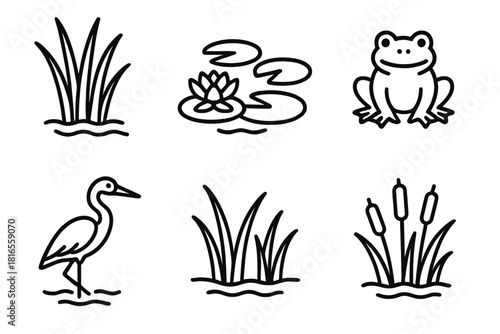 Wetland Icon Collection. Natural Wetlands linear icon set. reeds, lily pads, frog, heron, shallow water, cattails.