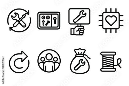 Community Repair Icons. Local Repair Helpers linear icon set: tool swap mark, small parts tray, repair cue, support chip, guidance arrow, community token, repair pouch, unity