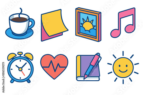 Daily Motivation Icons. Daily Motivation flat icons set. coffee cup, sticky note, sunrise window, music note, clock, heart pulse, journal pen, smiling sun