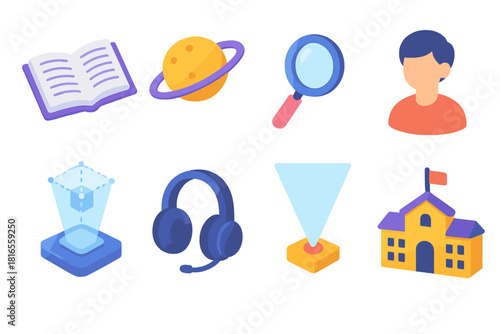 Vibrant Educational Icons. Educational AR flat icon set: open book, planet model, magnifying glass, student avatar, 3D projection, headset, light beam, school icon