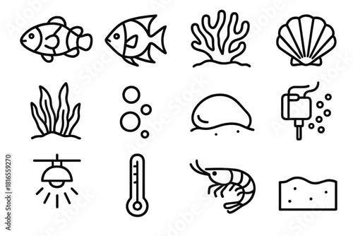 Aquarium Icon Set. Tropical Aquarium linear icon set: clownfish, angelfish, coral reef, shell, seaweed, bubble, rock, light, water pump, thermometer, shrimp, sand