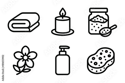 Home Spa Icons. Home Spa Moments linear icon set. towel, candle, bath salts, flower, lotion bottle, sponge