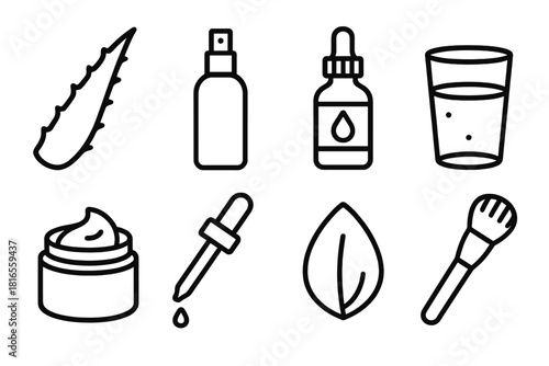 Skincare Essentials Icons. Hydrating Essentials linear icon set: aloe leaf, mist spray, hyaluronic acid bottle, glass of water, cool gel, dropper, flower petal, skincare brush