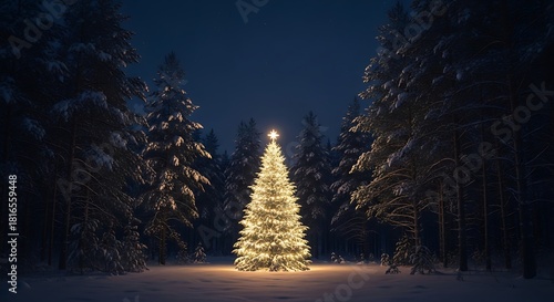 Fototapeta Naklejka Na Ścianę i Meble -  Illuminated christmas tree in snowy forest at night winter holiday scene