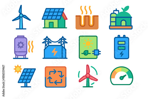 Sustainable Energy Icons. Sustainable Power Systems flat icon set: wind turbine, rooftop solar, geothermal pipe, biogas generator, thermal storage tank, electric substation, hybrid