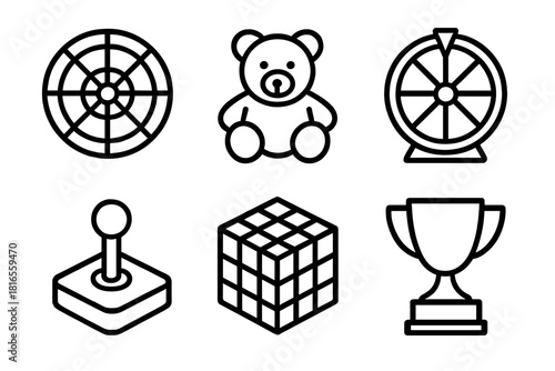 Fun Game Icons. Games & Prizes linear icon set. dartboard, stuffed bear, spinning wheel, joystick, puzzle cube, trophy