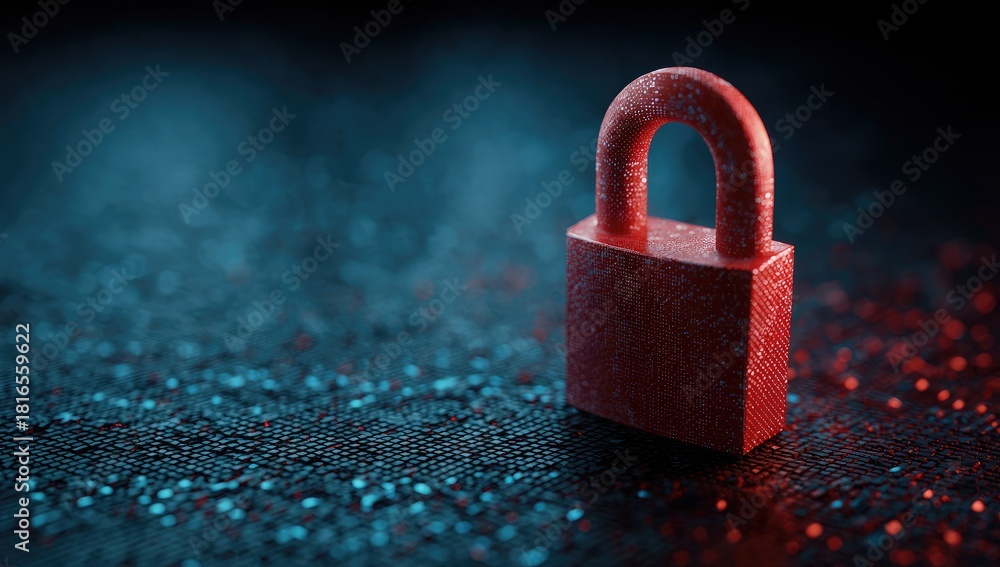 Fototapeta premium Close-up of a red padlock resting on a textured, dark surface with blue and red bokeh