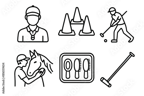 Equestrian Training Icons. Training Session linear icon set: coach icon, cones, practice swing, horse grooming, brush kit, polo stick