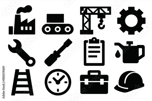 Industrial Maintenance Icons. Industrial Maintenance silhouette icon set: factory, conveyor belt, crane, gear, wrench, screwdriver, clipboard, oil can, ladder, clock, toolbox