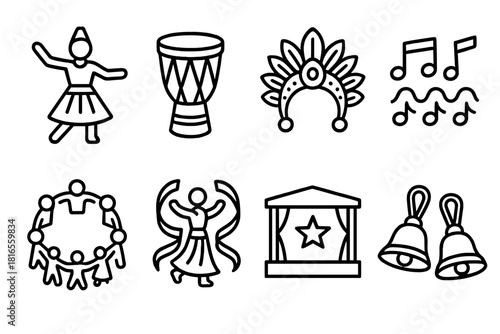 Cultural Dance Icons. Cultural Dance Icons linear icon set: traditional dancer, musical drum, ornate headdress, rhythm pattern, folk circle, dance ribbons, performance stage, hand