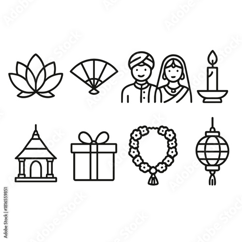 Traditional Wedding Icons. Traditional wedding icons concept linear icon set: lotus, fan, wedding couple, candle, temple, gift box, garland, lantern , graceful delicate linework