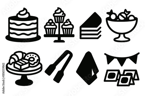 Brutalist Dessert Icons. Dessert Table Setup silhouette icon set. layered cake, cupcake display, candy bowl, pastry platter, serving tongs, napkin stack, bunting banner, sweet