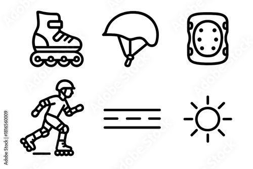 Roller Skating Icons. Roller Skating linear icon set. rollerblades, helmet, knee pads, pavement, water bottle, sun