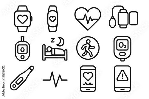 Health Tech Icon Set. Health Monitoring Technology Elements Set linear icon set: smartwatch heart icon, fitness band, heart rate sensor, blood pressure cuff, glucose monitor, sleep