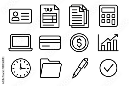 Essential Tax Icons. Personal taxes linear icon set. ID card, tax form, document stack, calculator, laptop, credit card, dollar coin, chart, clock, folder, pen, checkmark