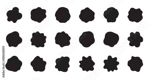 Organic shape round form set with smooth liquid blobs, wavy irregular curves, doodle bubble elements, soft oval patterns, colourful abstract frames, fluid textures, minimal trendy vector backgrounds