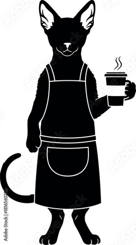 Sphynx cat barista in apron with coffee cup