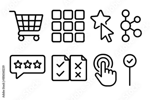 Digital Shopping Icons. Digital Consumer Behavior linear icon set: online cart, browse grid, recommendation star, click arrow, data preference node, review bubble, quick comparison