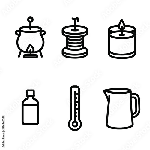 Candle Making Tools. Candle Making linear icon set. wax melt pot, wick spool, glass jar, fragrance bottle, thermometer, pouring pitcher