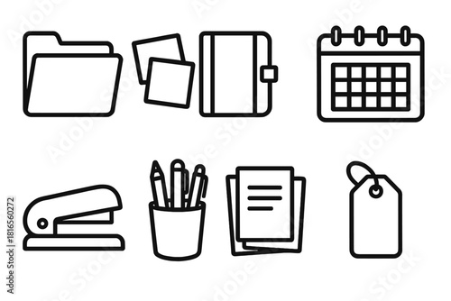 Office Essentials Icons. Organization Station linear icon set: file folder, sticky notes, planner, calendar, stapler, pen cup, paper sheets, label tag