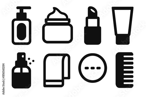 Bold Skincare Icons. Minimalist Routine silhouette icon set. cleanser, moisturizer, lip balm, sunscreen, face mist, towel, cotton pad, comb