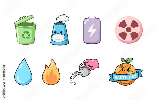 Set of vibrant candy-colored cartoon environment and energy icons including recycle bin, power plant, battery, water drop, and Earth Day globe.