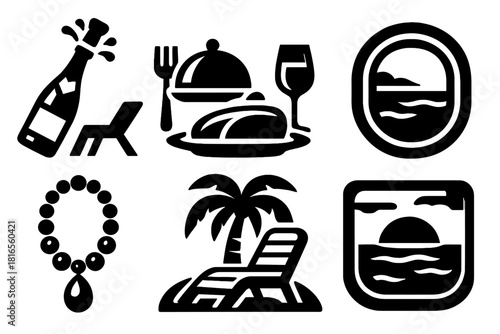 Brutalist Cruise Icons. Luxury Cruise silhouette icon set: champagne bottle, elegant dinner, lounge chair, ocean view, cabin window, pearl necklace, palm island, sunset