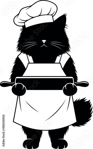 Black cat chef baking with rolling pin